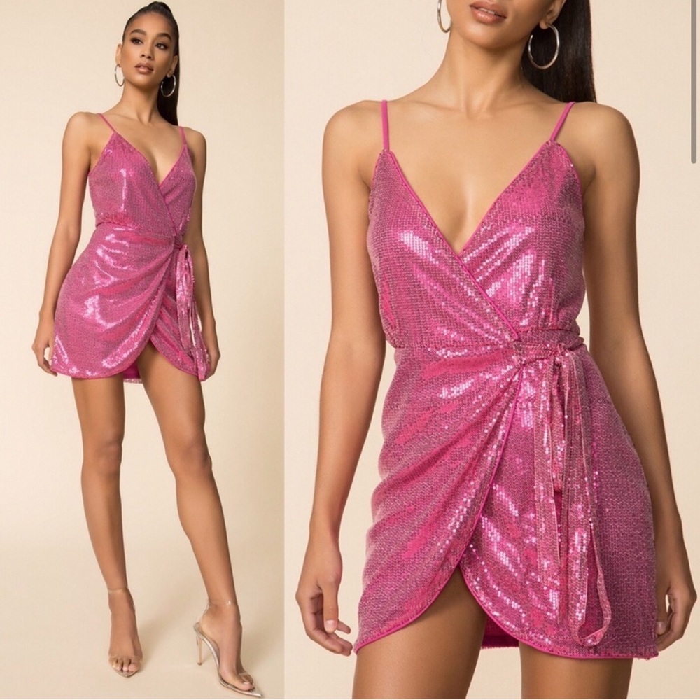 Superdown Pink Sequin Wrap Dress